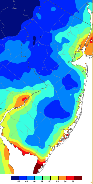 Minimum temperatures on June 2nd based on a PRISM (Oregon State University) analysis generated using NWS, NJWxNet, and other professional weather stations.