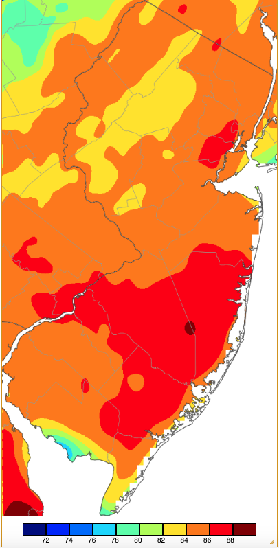 Maximum temperatures on May 8th based on a PRISM (Oregon State University) analysis generated using NWS, NJWxNet, and other professional weather stations.