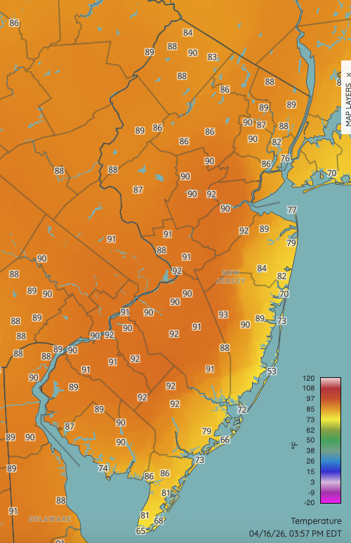 NJWxNet map showing temperatures across NJ and surroundings at 3:57 PM on April 16th as a strong sea breeze results from an early-season heatwave.