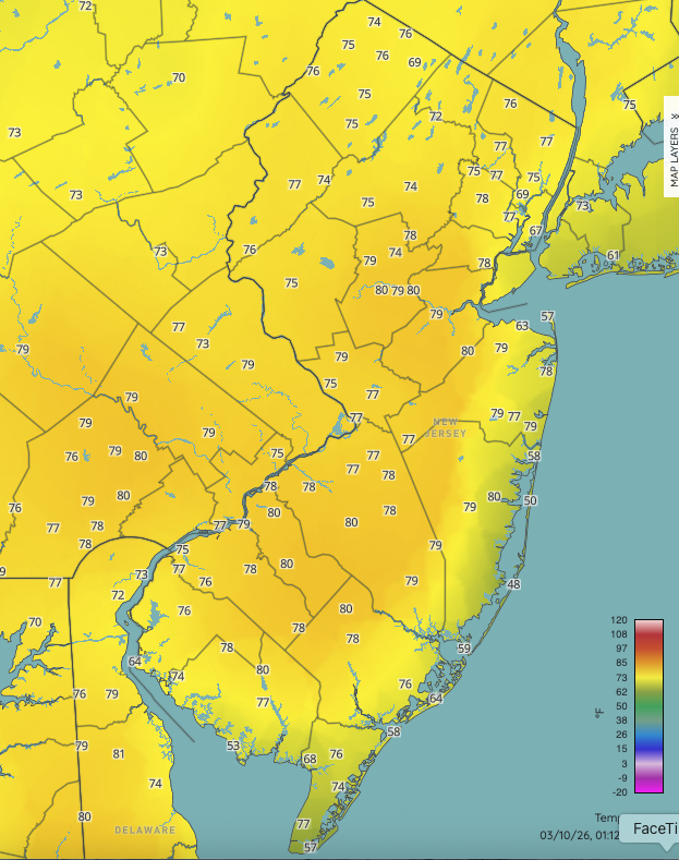 Map of temperatures across the region on March 10th at 1:10PM. Includes observations from NJWxNet, NWS, DEOS, Shrewsbury, and NJDOT RWIS networks.