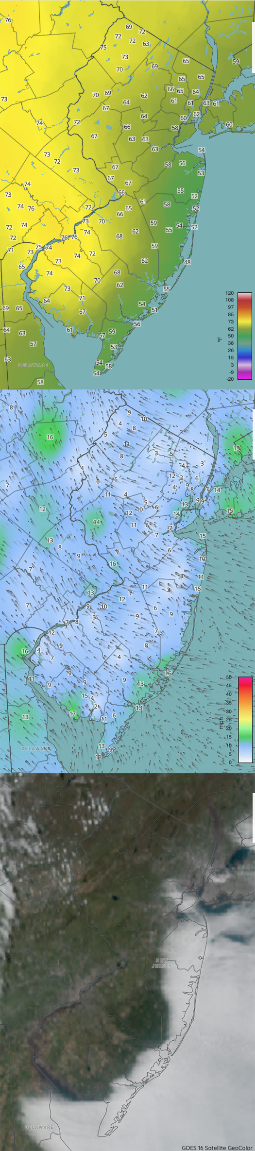 NJWxNet maps showing conditions across NJ and surroundings at 3:07 PM on April 18th as persistent easterly winds brought lower temperatures and cloud cover to coastal sections while clear skies and warmer temperatures are found inland.