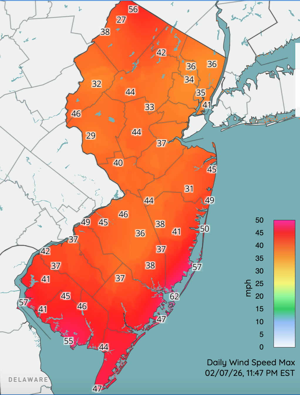 Map of daily wind speed maximums in mph at NJWxNet stations on February 7th.