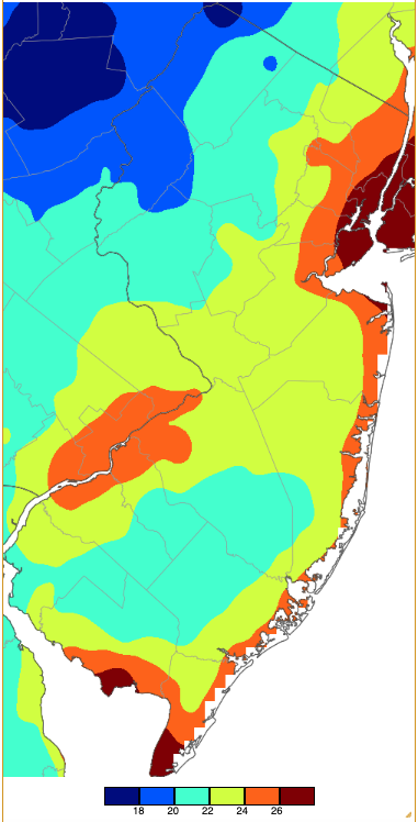 Minimum temperatures on November 29th based on a PRISM (Oregon State University) analysis generated using NWS, NJWxNet, and other professional weather stations.