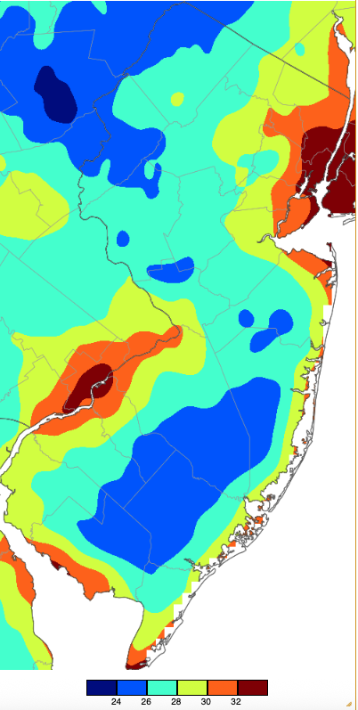 Minimum temperatures on November 29th based on a PRISM (Oregon State University) analysis generated using NWS, NJWxNet, and other professional weather stations.