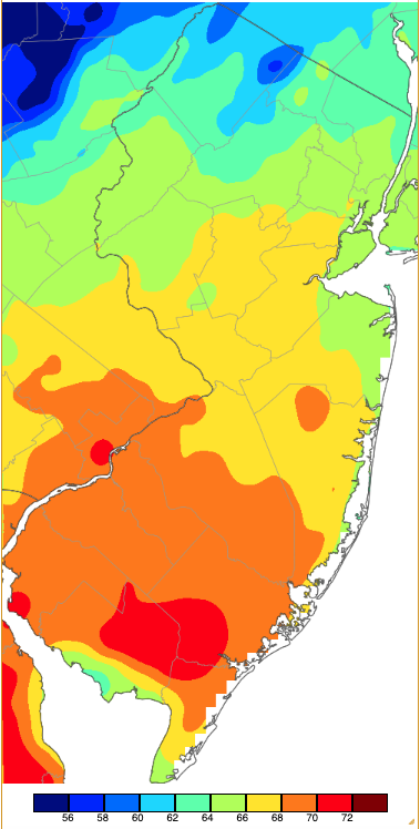 Maximum temperatures on November 5th based on a PRISM (Oregon State University) analysis generated using NWS, NJWxNet, and other professional weather stations.