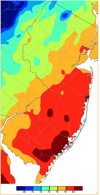 Maximum temperatures on November 7th based on a PRISM (Oregon State University) analysis generated using NWS, NJWxNet, and other professional weather stations.