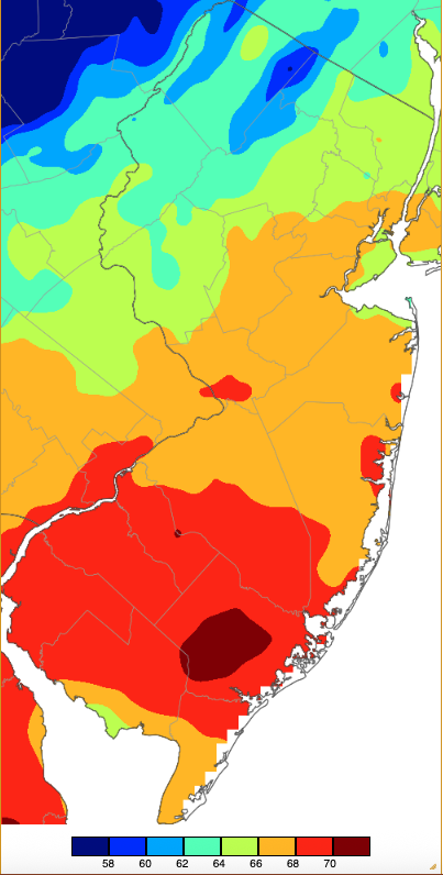 Figure 5. Maximum temperatures on November 8th based on a PRISM (Oregon State University) analysis generated using NWS, NJWxNet, and other professional weather stations.