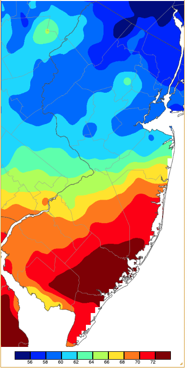 Maximum temperatures on November 9th based on a PRISM (Oregon State University) analysis generated using NWS, NJWxNet, and other professional weather stations.