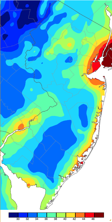 Minimum temperatures on October 24th based on a PRISM (Oregon State University) analysis generated using NWS, NJWxNet, and other professional weather stations.