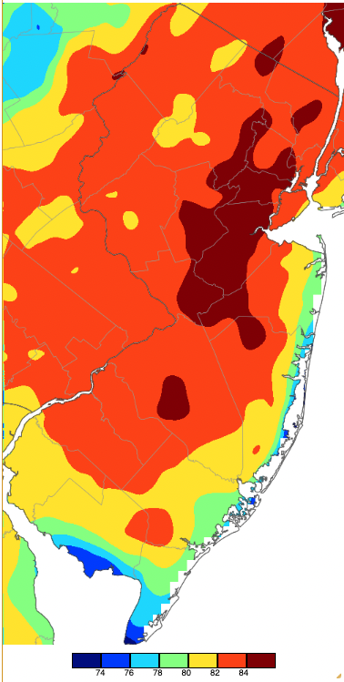 Maximum temperatures on October 4th based on a PRISM (Oregon State University) analysis generated using NWS, NJWxNet, and other professional weather stations.