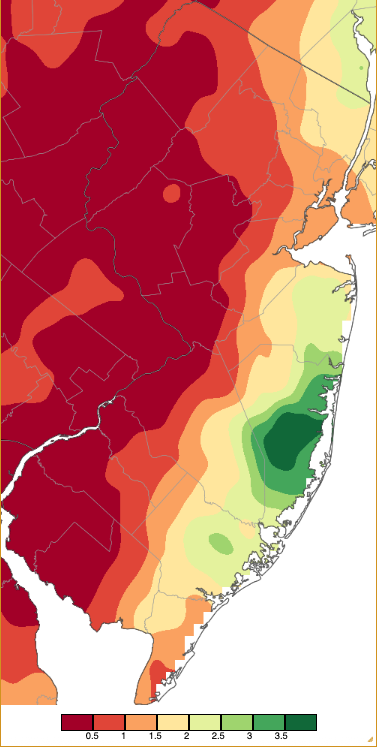 Precipitation across New Jersey from 8 AM on October 12th through 8 AM October 14th based on a PRISM (Oregon State University) analysis generated using NWS Cooperative, CoCoRaHS, NJWxNet, and other professional weather station observations.