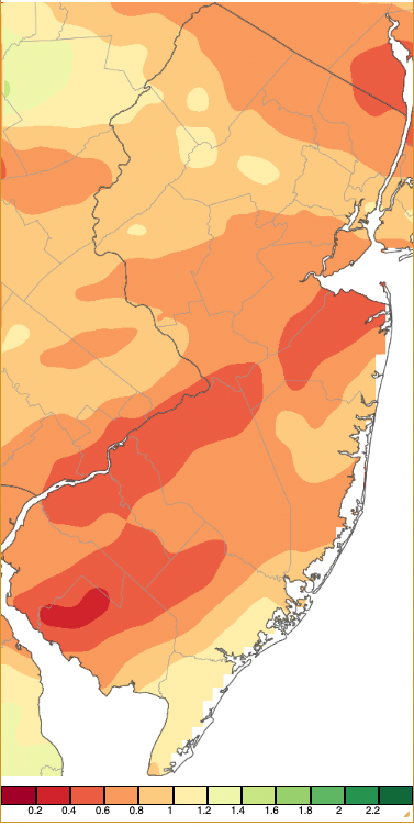 Precipitation across New Jersey from 8 AM on October 14th through 8 AM October 15th based on a PRISM (Oregon State University) analysis generated using NWS Cooperative, CoCoRaHS, NJWxNet, and other professional weather station observations.