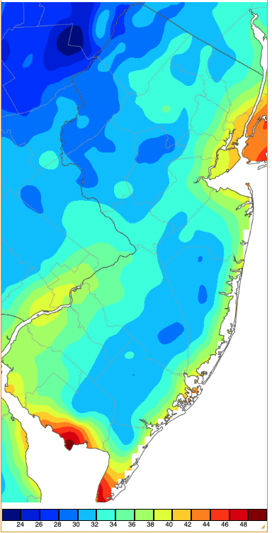 Minimum temperatures on October 19th based on a PRISM (Oregon State University) analysis generated using NWS, NJWxNet, and other professional weather stations.