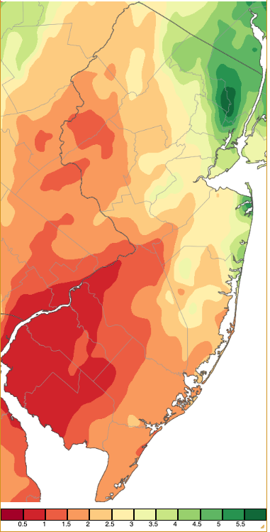 October 2023 precipitation across New Jersey based on a PRISM (Oregon State University) analysis generated using NWS Cooperative, CoCoRaHS, NJWxNet, and other professional weather station observations from approximately 8 AM on September 30th to 8 AM on October 31st.