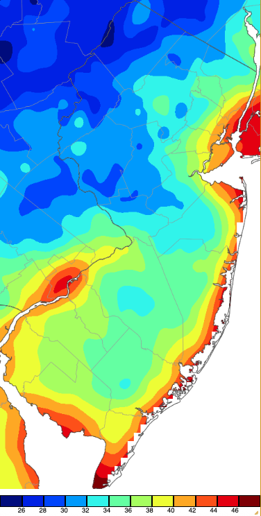 Minimum temperatures on October 27th based on a PRISM (Oregon State University) analysis generated using NWS, NJWxNet, and other professional weather stations.