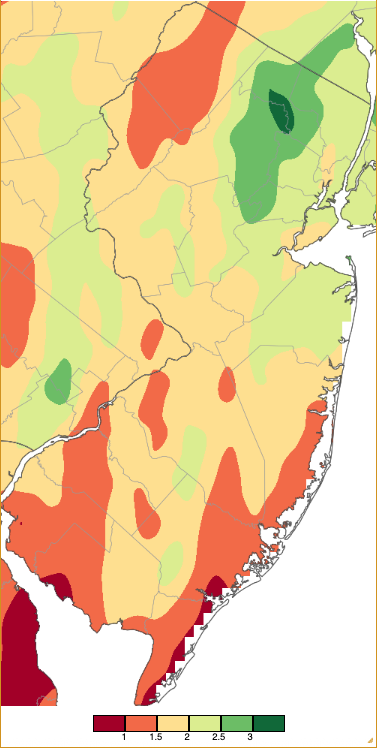 Precipitation across New Jersey from 8 AM on October 29th through 8 AM October 31st based on a PRISM (Oregon State University) analysis generated using NWS Cooperative, CoCoRaHS, NJWxNet, and other professional weather station observations.
