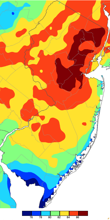 Maximum temperatures on October 5th based on a PRISM (Oregon State University) analysis generated using NWS, NJWxNet, and other professional weather stations.