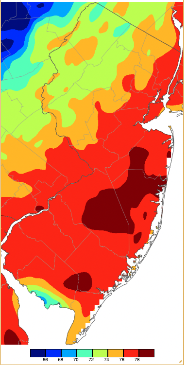 Maximum temperatures on October 7th based on a PRISM (Oregon State University) analysis generated using NWS, NJWxNet, and other professional weather stations.