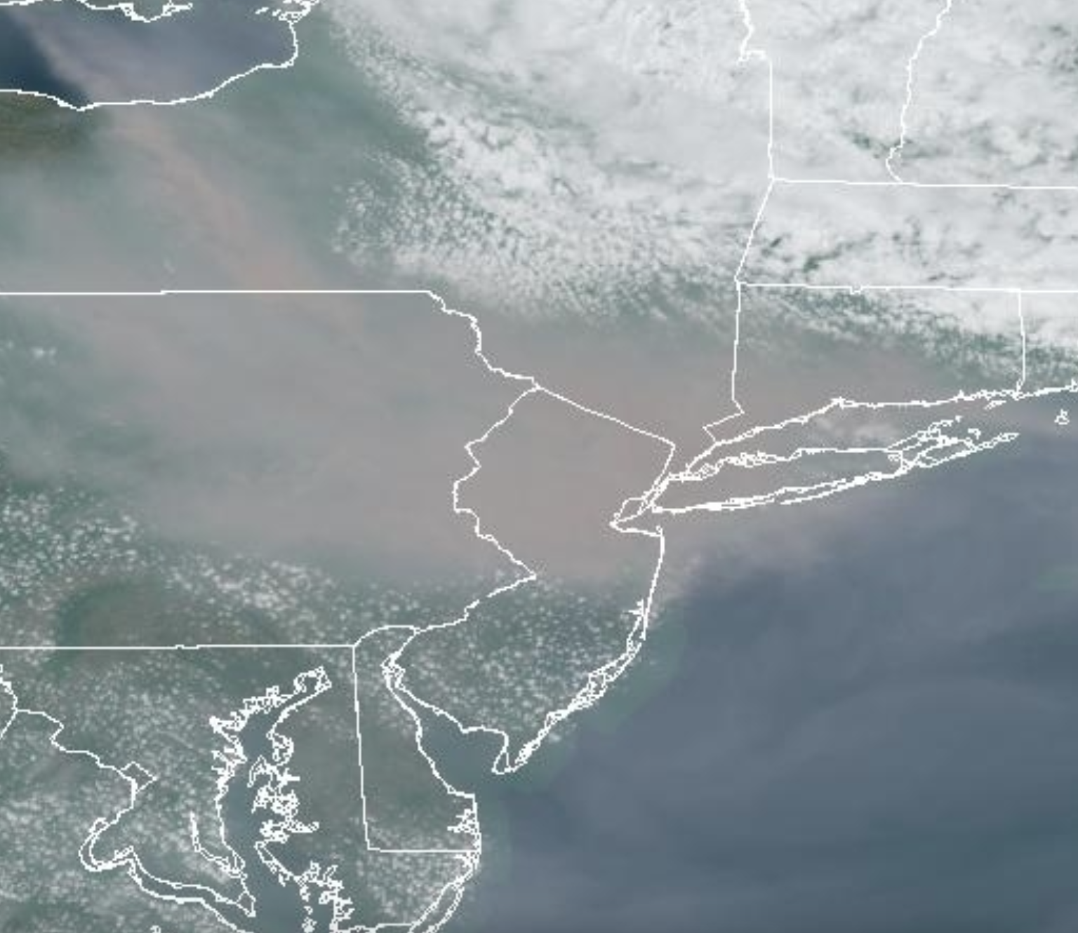 Smoky skies over northern New Jersey and surroundings at 2:02 PM on June 7th, as seen by NOAA GOES visible satellite.