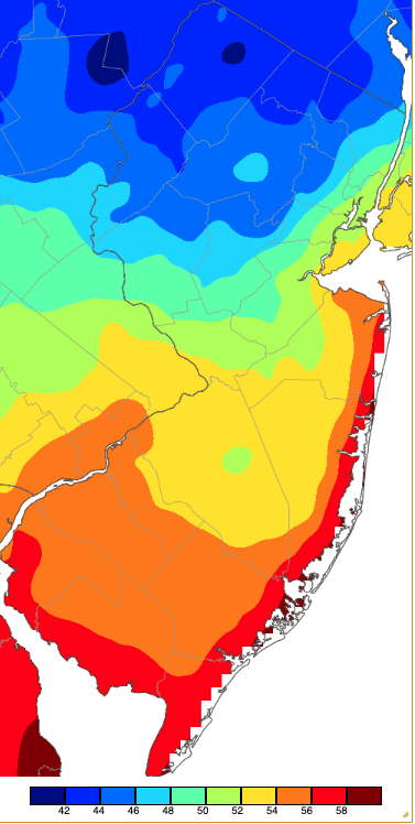 Minimum temperatures on September 27th based on a PRISM (Oregon State University) analysis generated using NWS, NJWxNet, and other professional weather stations.