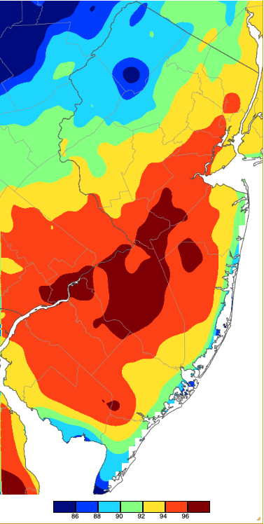 Maximum temperatures on September 7th based on a PRISM (Oregon State University) analysis generated using NWS, NJWxNet, and other professional weather stations.