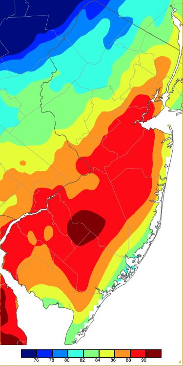 Maximum temperatures on September 6th based on a PRISM (Oregon State University) analysis generated using NWS, NJWxNet, and other professional weather stations.