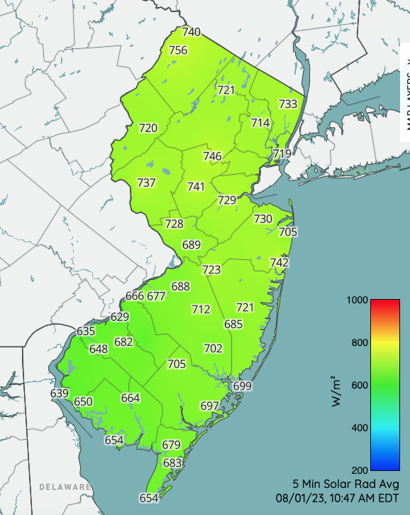 5-minute average solar radiation at 10:45 AM on August 1st as observed at NJWxNet stations.