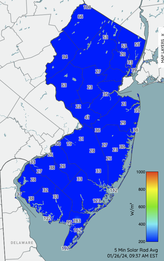Solar radiation (in watts per meter squared) observed at NJWxNet stations at 9:37AM on January 26th. These are low values for this time of day, indicative of the thick cloud cover on this morning and over many days toward the end of the month