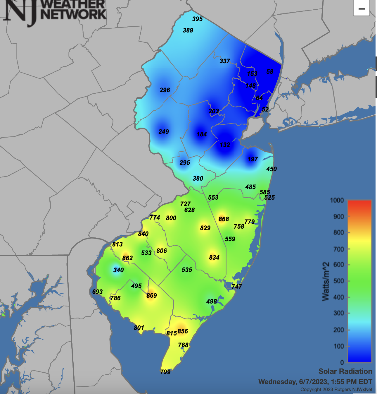 Solar radiation observed at NJWxNet stations at 1:55 PM on June 7th.