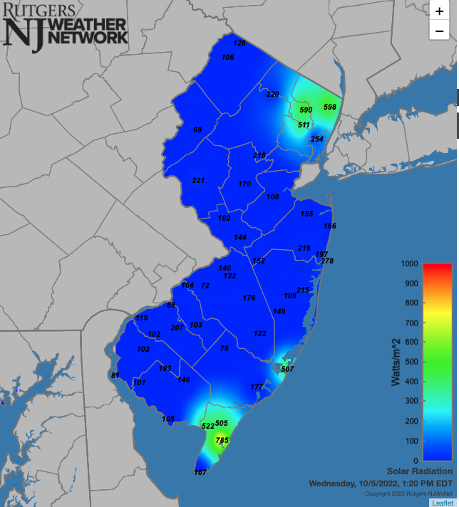 Solar radiation at NJWxNet stations at 1:20 PM EST on October 5th.