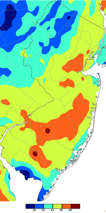 Extreme maximum temperatures during spring 2025 based on a PRISM (Oregon State University) analysis generated using NWS, NJWxNet, and other professional weather stations.