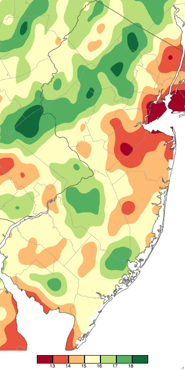 Spring 2025 (March 1st–May 31st) precipitation across New Jersey based on a PRISM (Oregon State University) analysis generated using NWS Cooperative and CoCoRaHS observations.