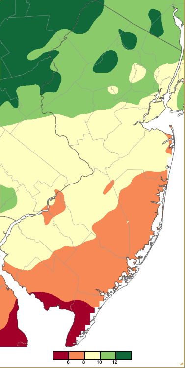 Figure 7. Spring 2026 (March 1st–May 31st) precipitation across New Jersey based on a PRISM (Oregon State University) analysis generated using NWS Cooperative and CoCoRaHS observations. Note the scale in full inches at the bottom of the map. Totals range from 4.00”–5.99” (dark red) to 12.00”–13.99” (dark green). Map of spring 2026 (March 1st–May 31st) precipitation across New Jersey based on a PRISM (Oregon State University) analysis generated using NWS Cooperative and CoCoRaHS observations. Note the scale in full inches at the bottom of the map.