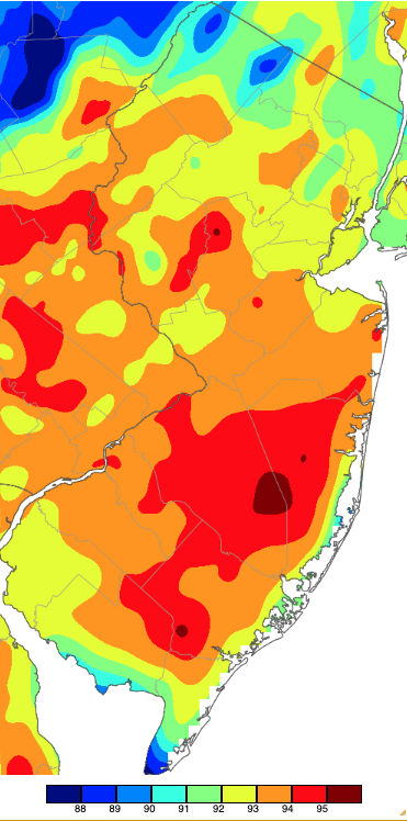 Extreme maximum temperatures during the summer of 2023 (June 1st–August 31st) based on a PRISM (Oregon State University) analysis generated using NWS, NJWxNet, and other professional weather stations. The seasonal maximum occurred on different days at different locations.