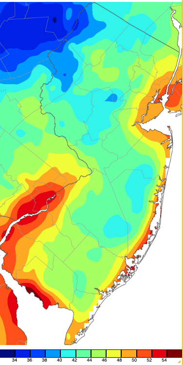 Extreme minimum temperatures during the summer of 2023 (June 1st–August 31st) based on a PRISM (Oregon State University) analysis generated using NWS, NJWxNet, and other professional weather stations. The seasonal maximum occurred on different days at different locations.