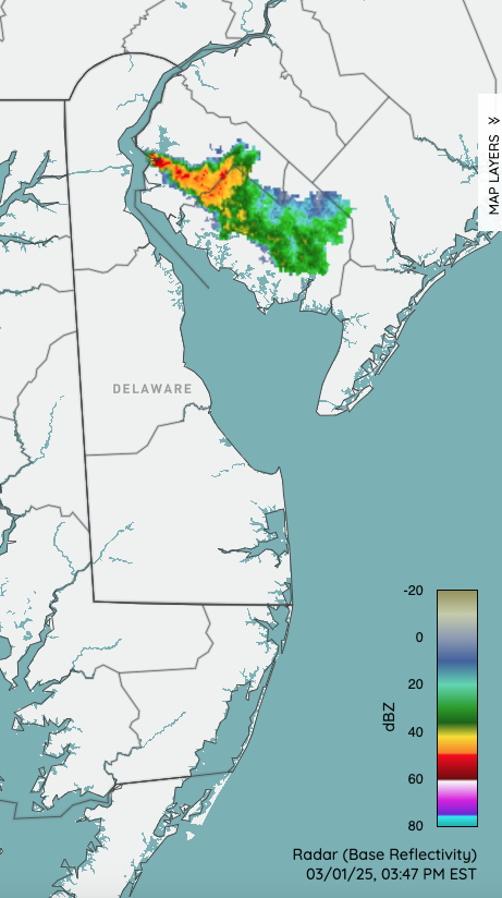NWS radar at 3:47 PM on March 1st showing smoke moving southeast from the Supawna Wildlife Refuge fire.