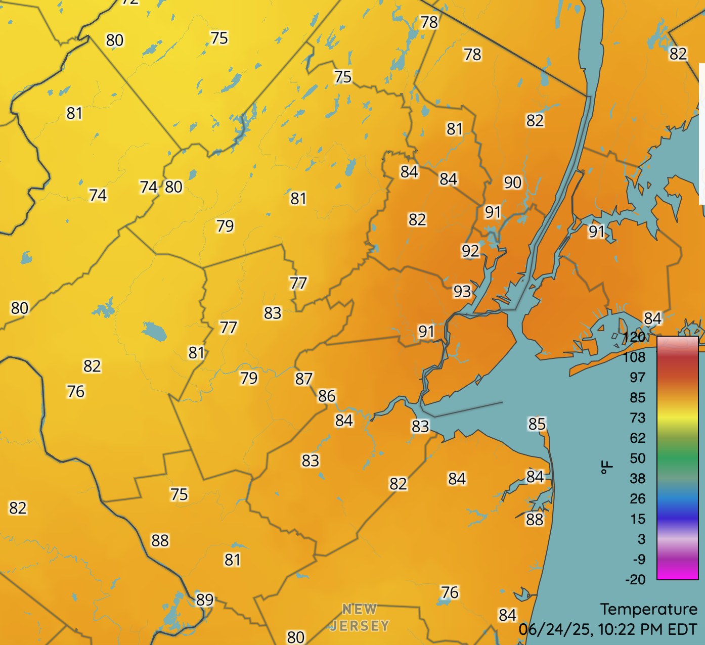 Temperatures at 10:20 PM on June 24th based on NJWxNet, NWS, Shrewsbury Weather Network, and DEOS professional weather stations.
