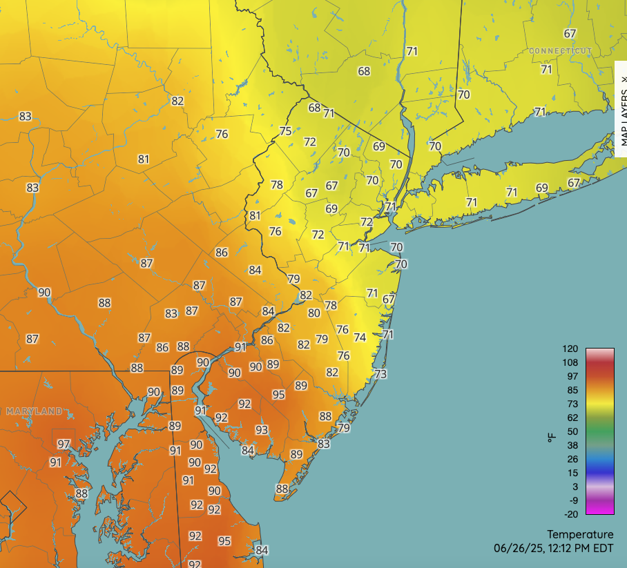 Temperatures at 12:10 PM on June 26th based on NJWxNet, NWS, Shrewsbury Weather Network, and DEOS professional weather stations.