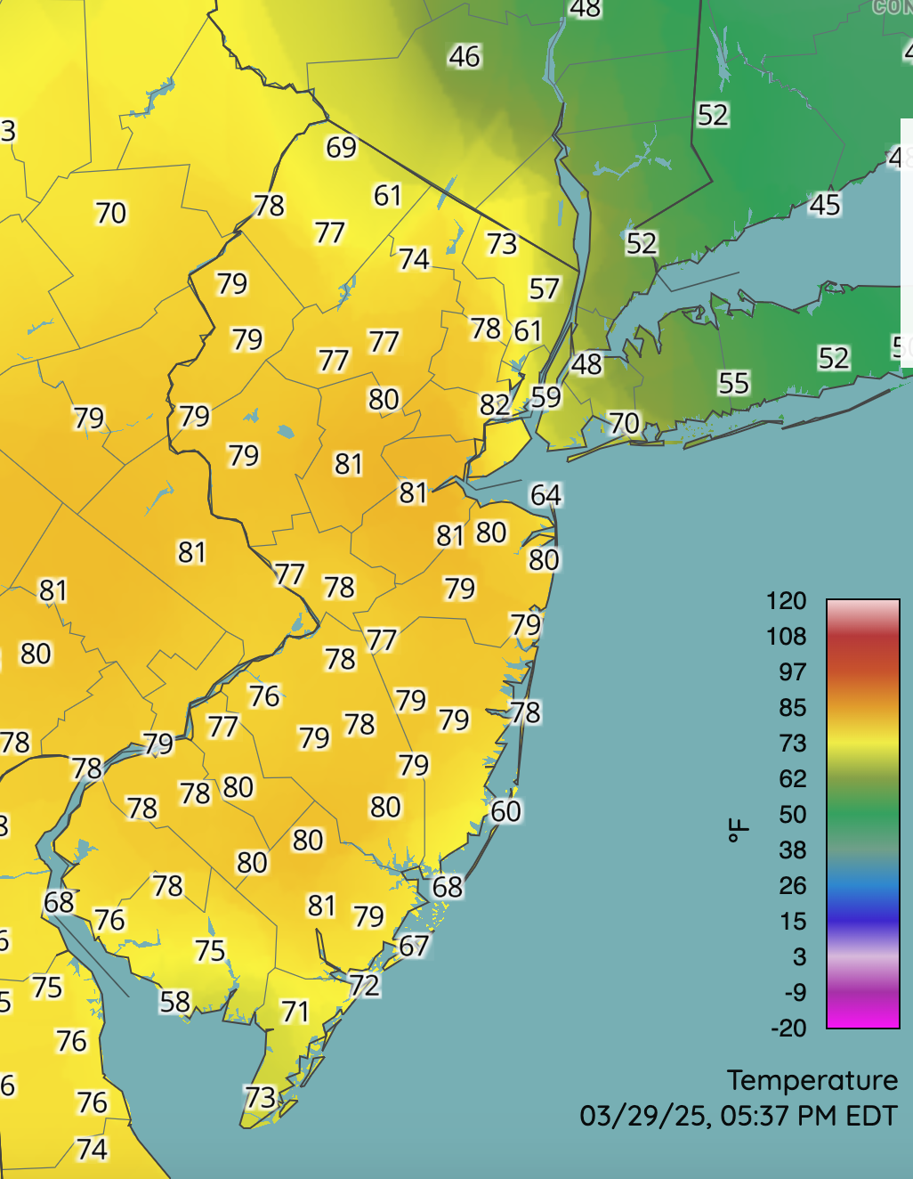 Temperatures at around 5:37 PM on March 29th at NJWxNet, NWS, and other professional weather stations.