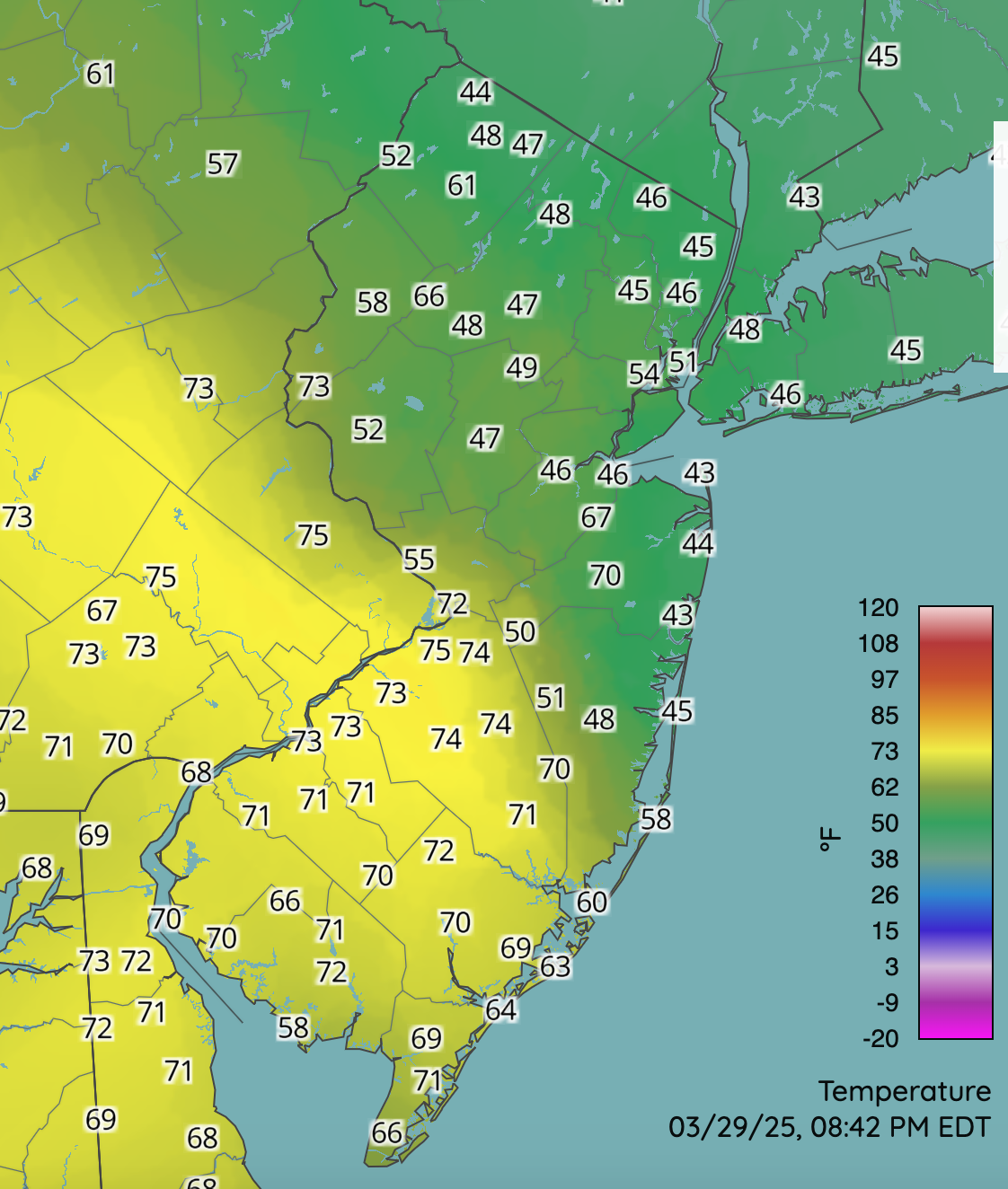 Temperatures at around 8:42 PM on March 29th at NJWxNet, NWS, and other professional weather stations.