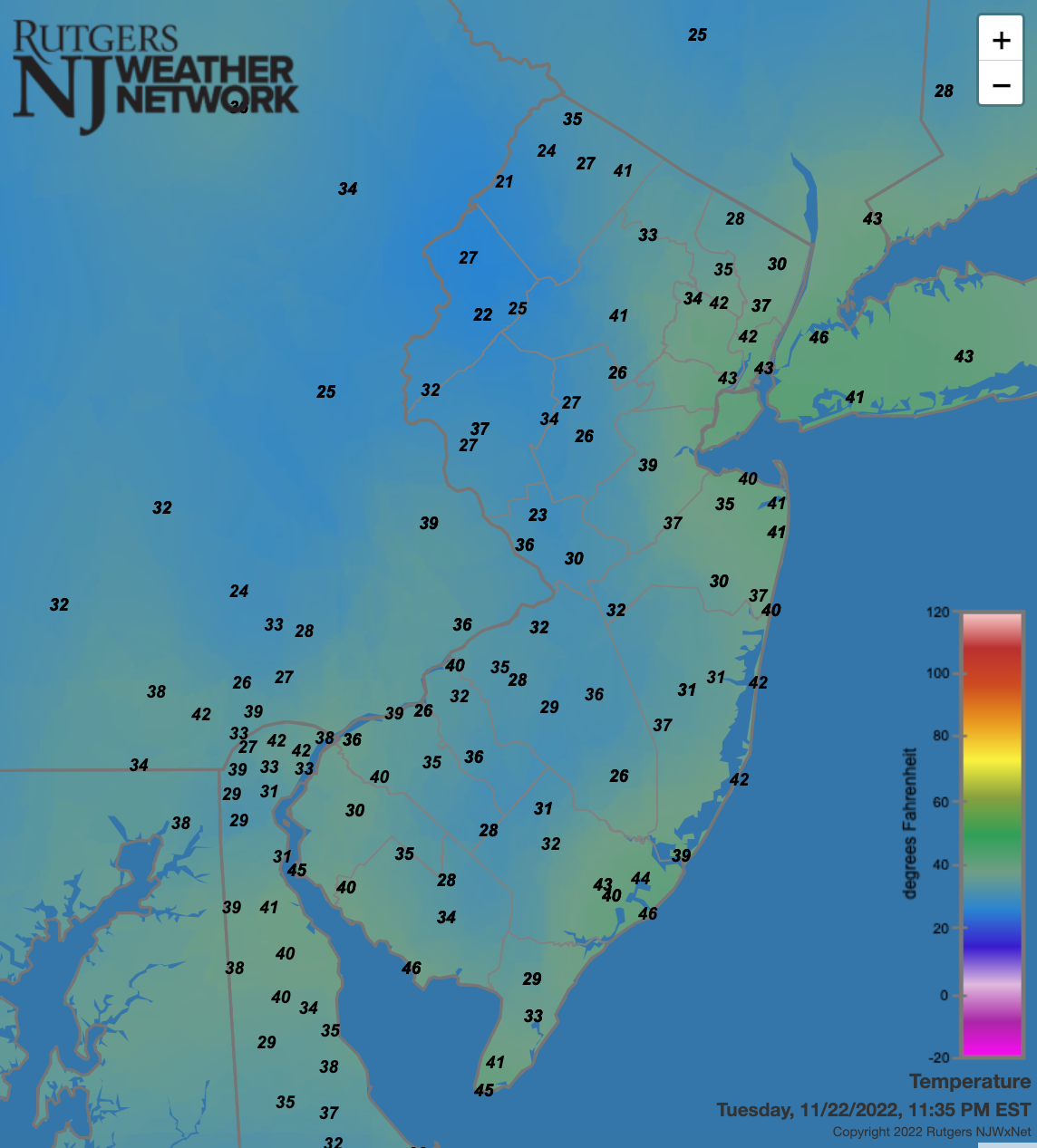 Surface air temperatures across NJ and nearby states at 11:35 PM on November 22nd.