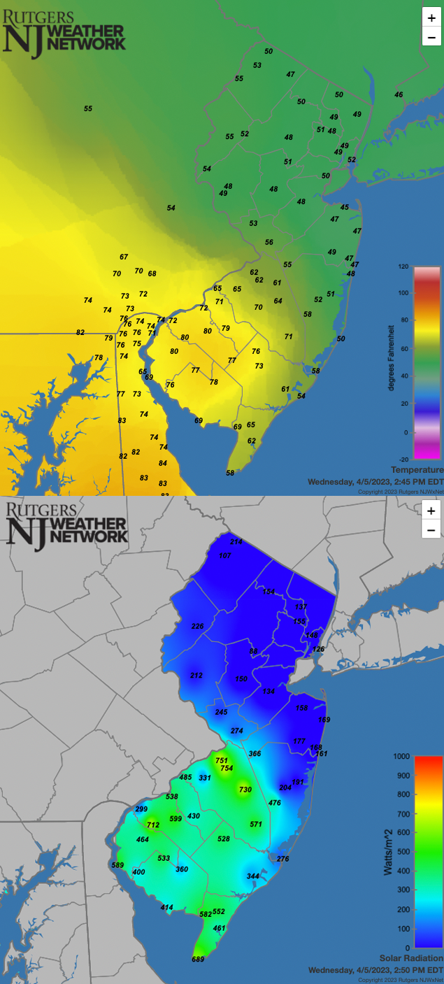 Temperatures at NJWxNet and some other stations on April 5th at 2:55 PM (top) and incoming solar radiation at NJWxNet stations at the same time (bottom).