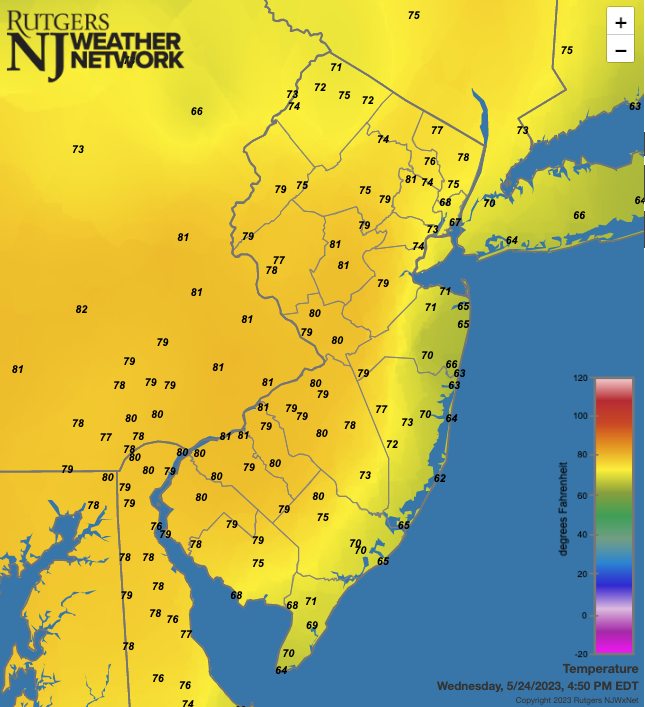 Temperatures on May 24th at 4:50 PM from Rutgers NJWxNet, Delaware Environment Observing System, and National Weather Service stations.