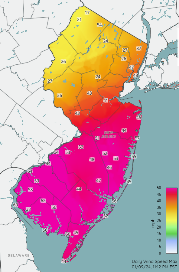 Peak wind gusts (mph) at NJWxNet stations on January 9th.