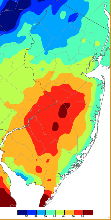 Extreme maximum temperatures during winter 2023/24 based on a PRISM (Oregon State University) analysis generated using NWS, NJWxNet, and other professional weather stations. The seasonal maximum occurred on different days at different locations.