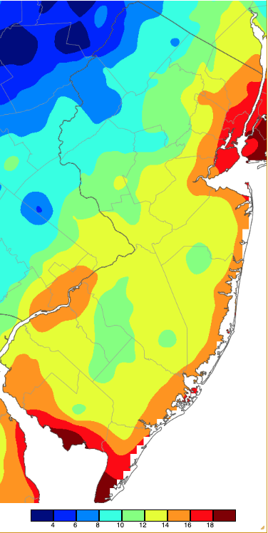 Extreme minimum temperatures during winter 2023/24 based on a PRISM (Oregon State University) analysis generated using NWS, NJWxNet, and other professional weather stations. The seasonal maximum occurred on different days at different locations.