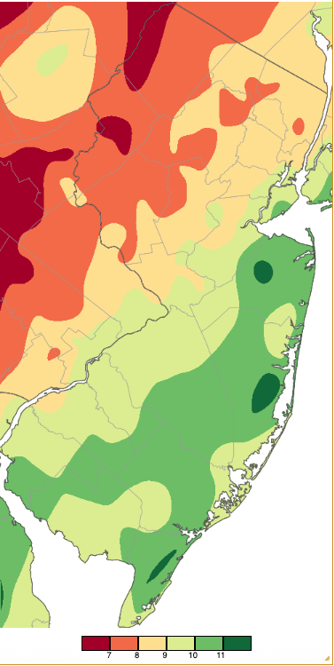 Winter 2025/2026 (December 1st–February 28th) precipitation across New Jersey based on a PRISM (Oregon State University) analysis generated using NWS Cooperative, CoCoRaHS, NJWxNet, and other professional weather station observations. Totals range from 6.00”–6.99” (dark red) to 11.00”–11.99” (dark green).