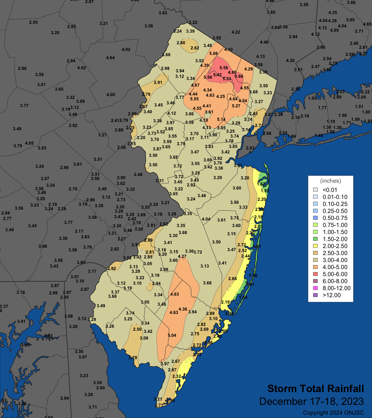 Precipitation across New Jersey on December 17th through December 18th based on data collected from NWS Cooperative, CoCoRaHS, and NJWxNet weather station observations.