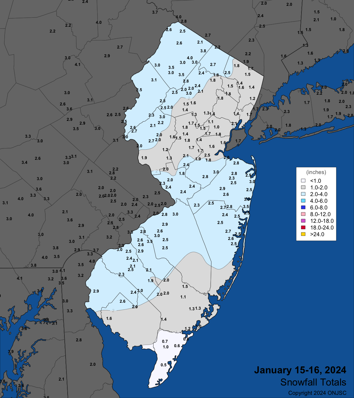 Snowfall from the evening of January 15th into the morning of January 16th. Observations are from CoCoRaHS, NWS Cooperative Observer, and NWS Spotter reports.