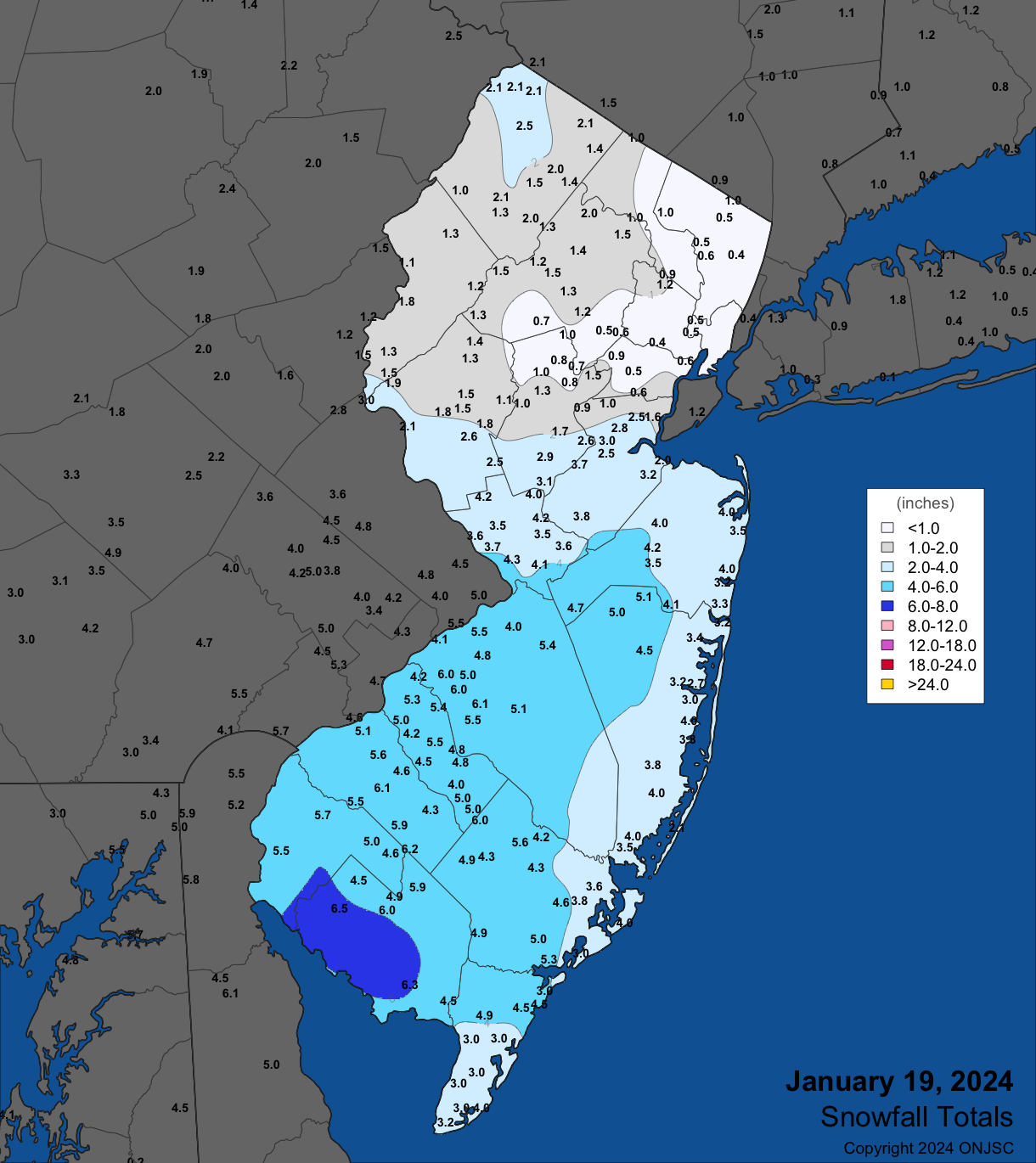 Snowfall from early morning to late afternoon January 19th. Observations are from CoCoRaHS, NWS Cooperative Observer, and NWS Spotter reports.